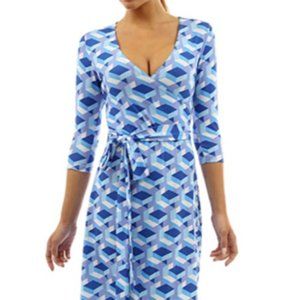 Patty Boutik Blue Geometric Faux Wrap Elbow Sleeve Dress Size Medium